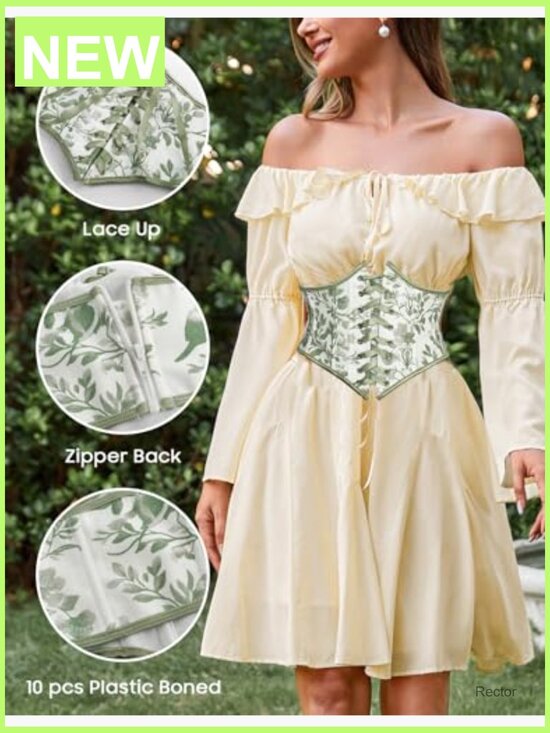 Floral Lace-Up Corset Belt, Zipper Back, Renaissance Medieval Pirate Costume main image 4